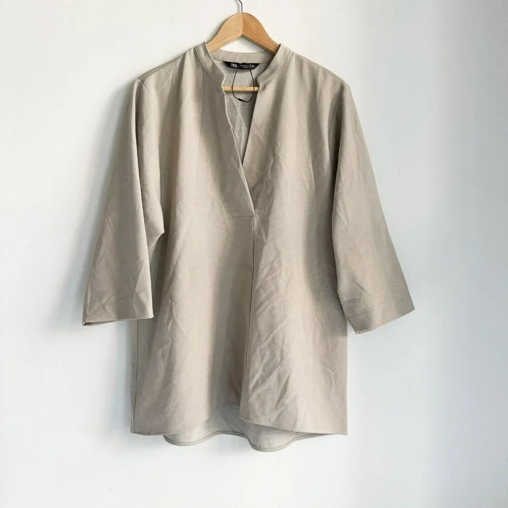 Zara Beige Minimalist simple V Neck Quarter Sleeve Top Oversized S